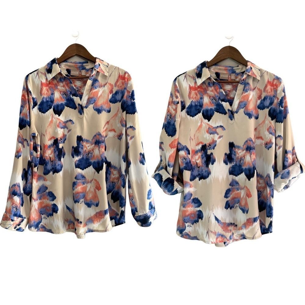 Chicos 2 Abstract Floral Blouse Top V Neck Roll Tab Slv Flowy Silky Satin Large‎
